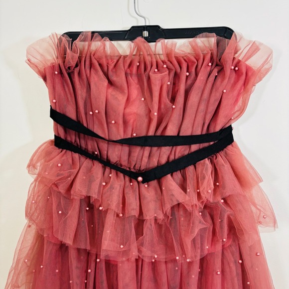 Anthropologie Maeve Tiered Strapless Pearl Embellished Tulle Pink Mini Dress 8 - Picture 3 of 12